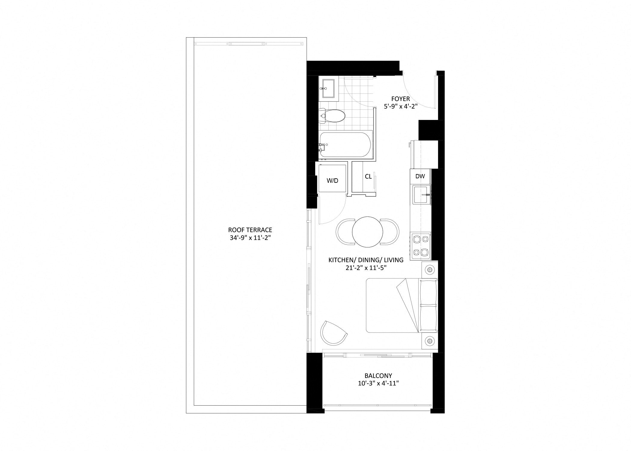 Floor plan for studio, 1 bath, 348 sqft